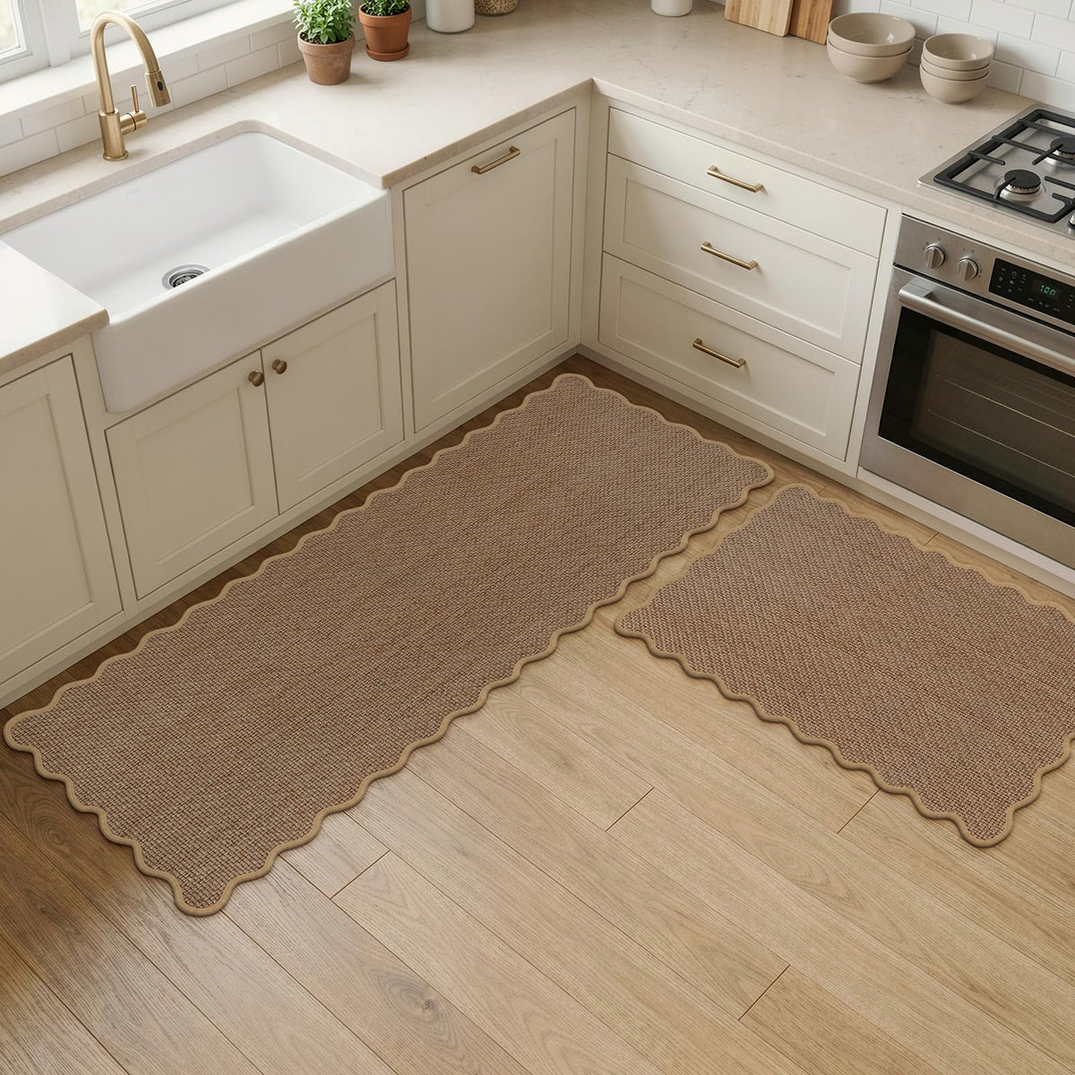 KIMODE Kitchen Rugs and Mats Set of 2 Scalloped Kitchen Mats for Floor