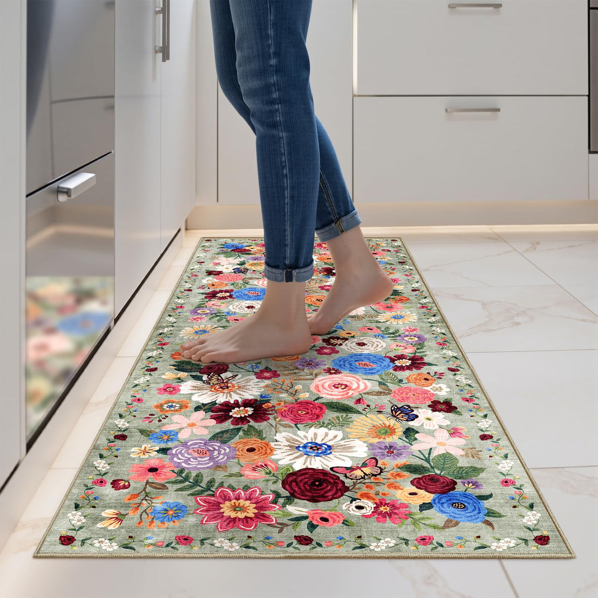 Washable Runner Rug 2x6 Beige Floral, Non Slip for Hallway, Kitchen