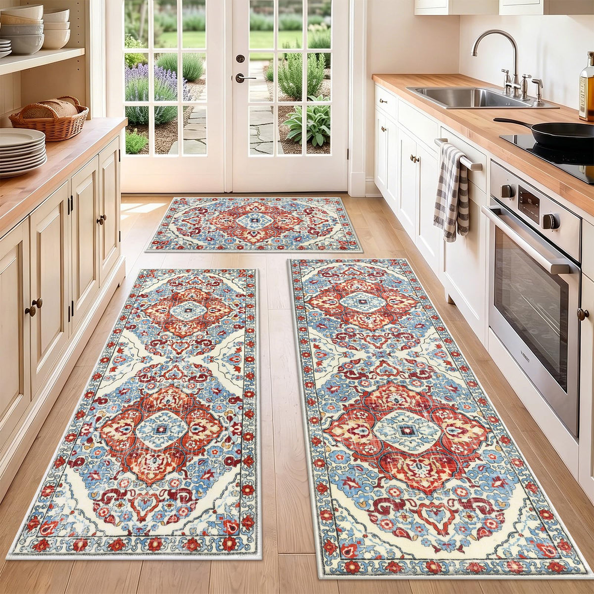 HEBE Boho Kitchen Rugs Set of 3, Non Slip Washable Kitchen Mats for Floor