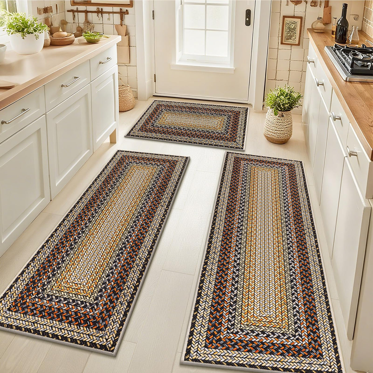 HEBE Faux Jute Kitchen Rugs Set of 3, Washable Kitchen Mats for Floor