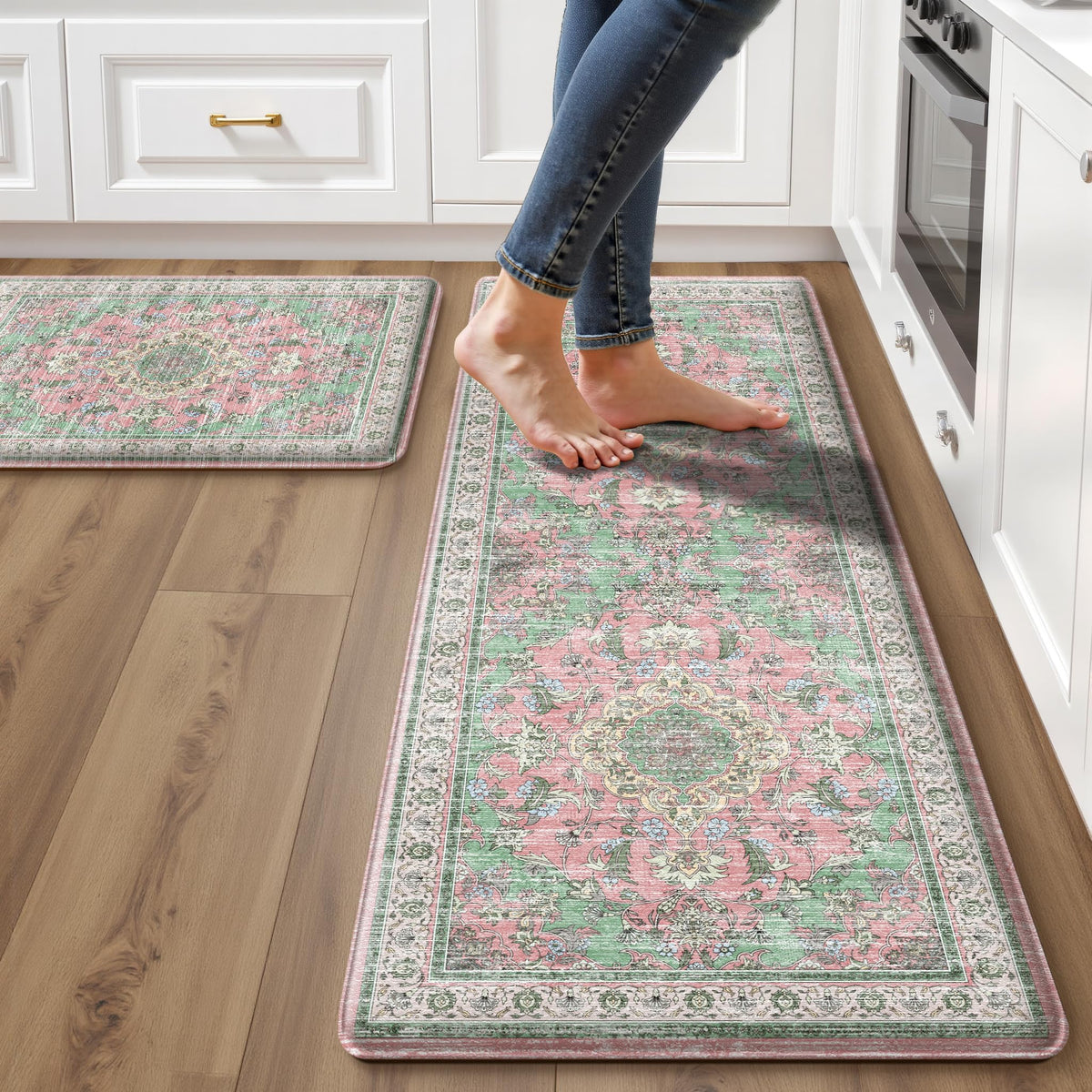 Boho Kitchen Mats for Floor 2PC Anti Fatigue Kitchen Rugs, Beige Tan
