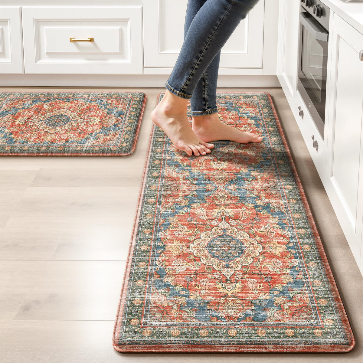 Boho Kitchen Mats for Floor 2PC Anti Fatigue Kitchen Rugs, Beige Tan