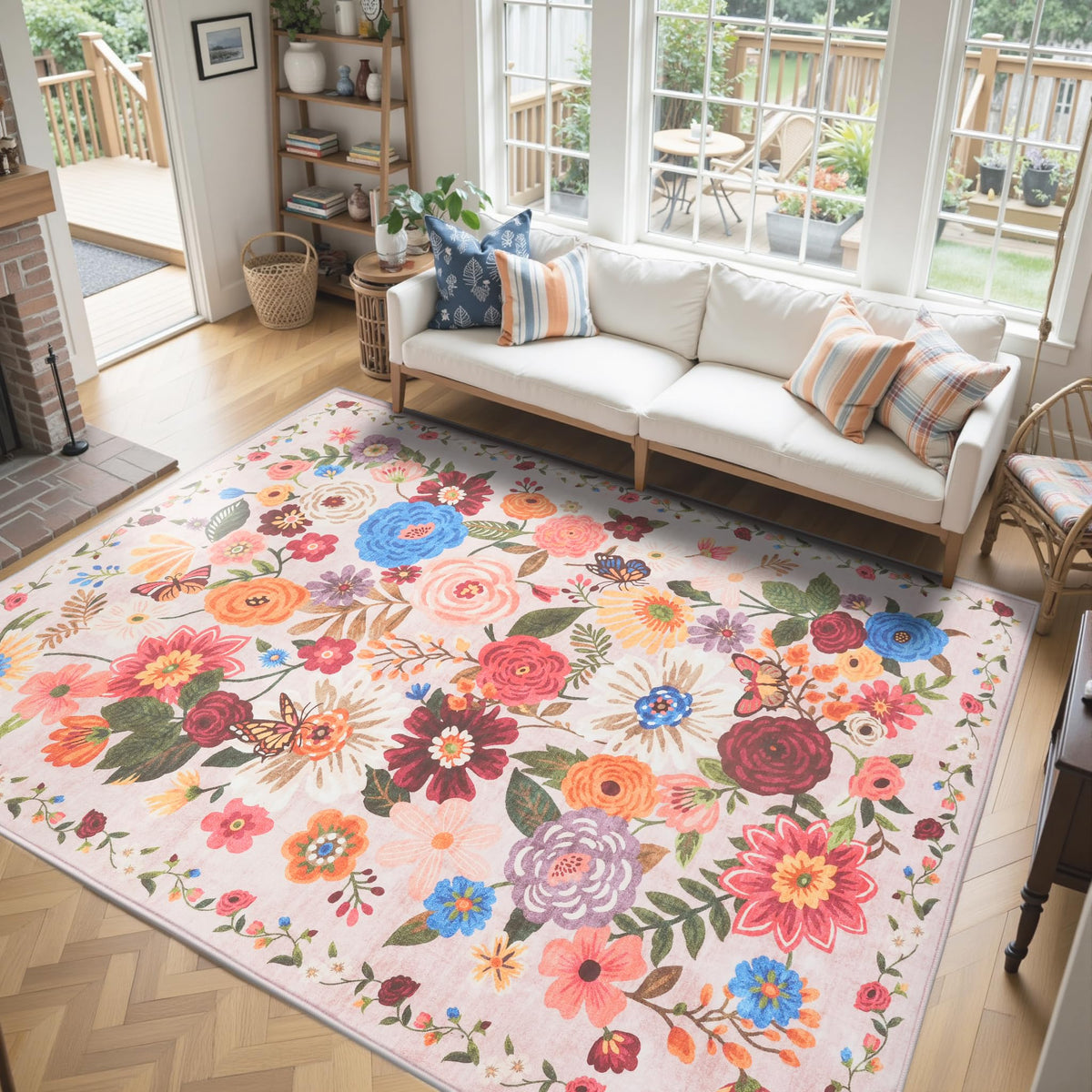 Washable Runner Rug 2x6 Beige Floral, Non Slip for Hallway, Kitchen