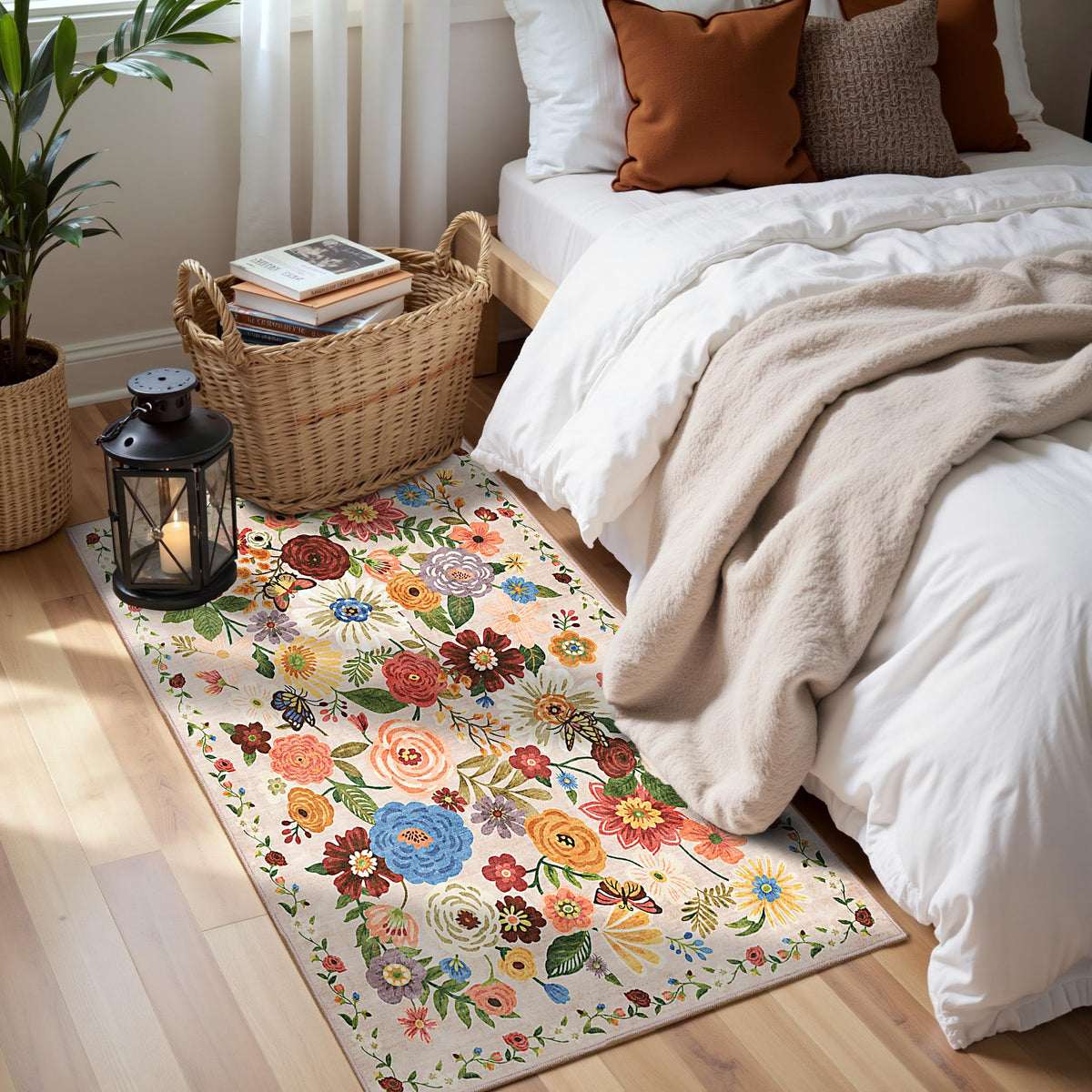 Washable Runner Rug 2x6 Beige Floral, Non Slip for Hallway, Kitchen