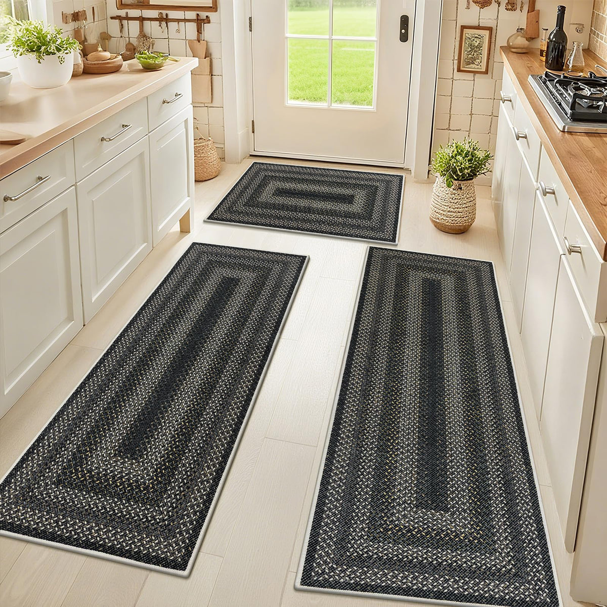 HEBE Faux Jute Kitchen Rugs Set of 3, Washable Kitchen Mats for Floor