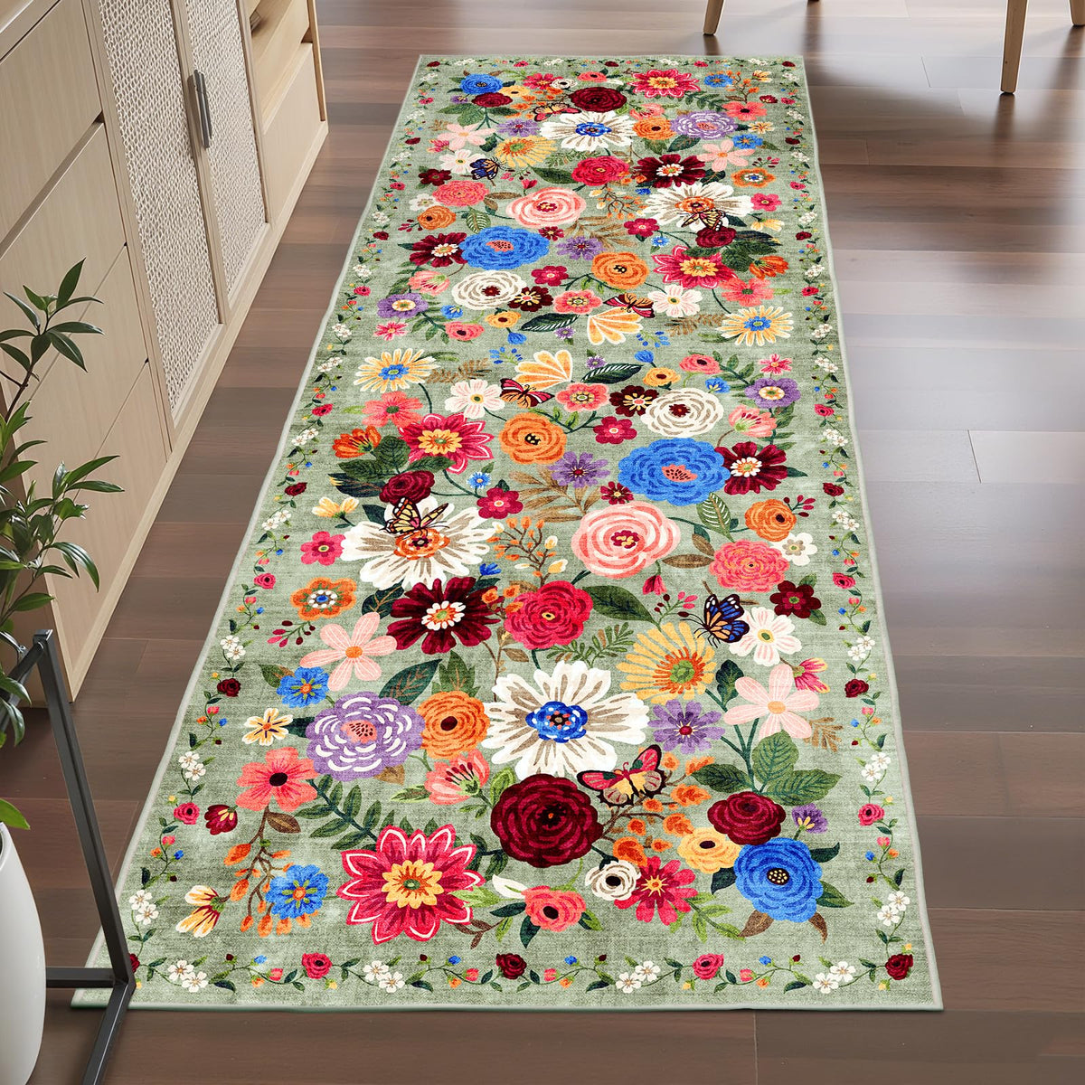 Washable Runner Rug 2x6 Beige Floral, Non Slip for Hallway, Kitchen
