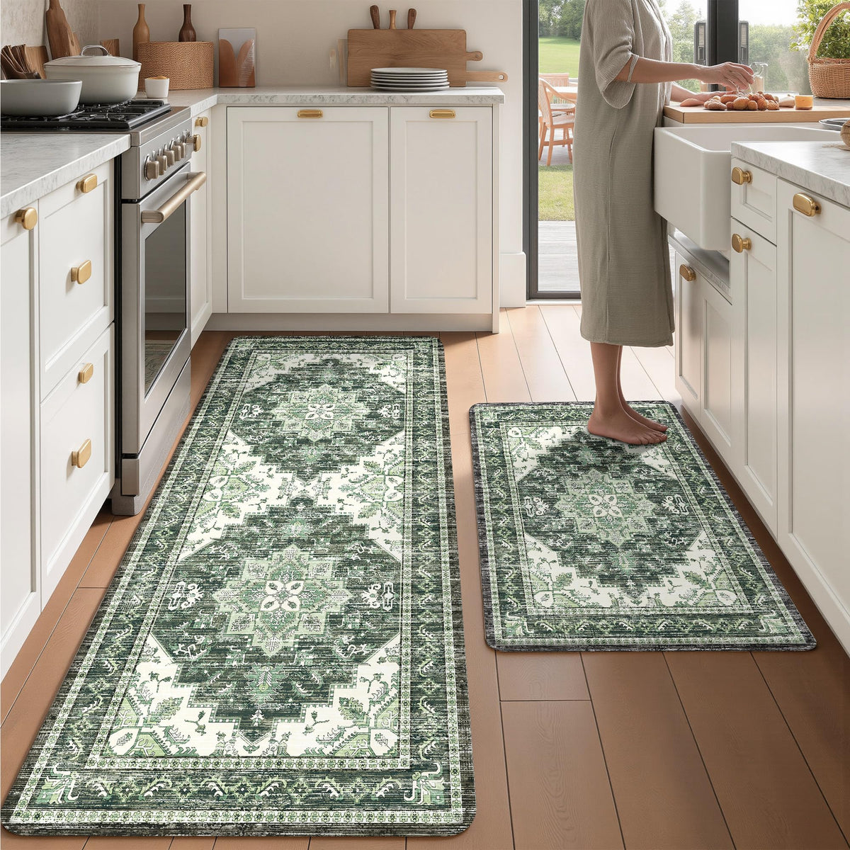 Boho Kitchen Mats for Floor 2PC Anti Fatigue Kitchen Rugs, Beige Tan