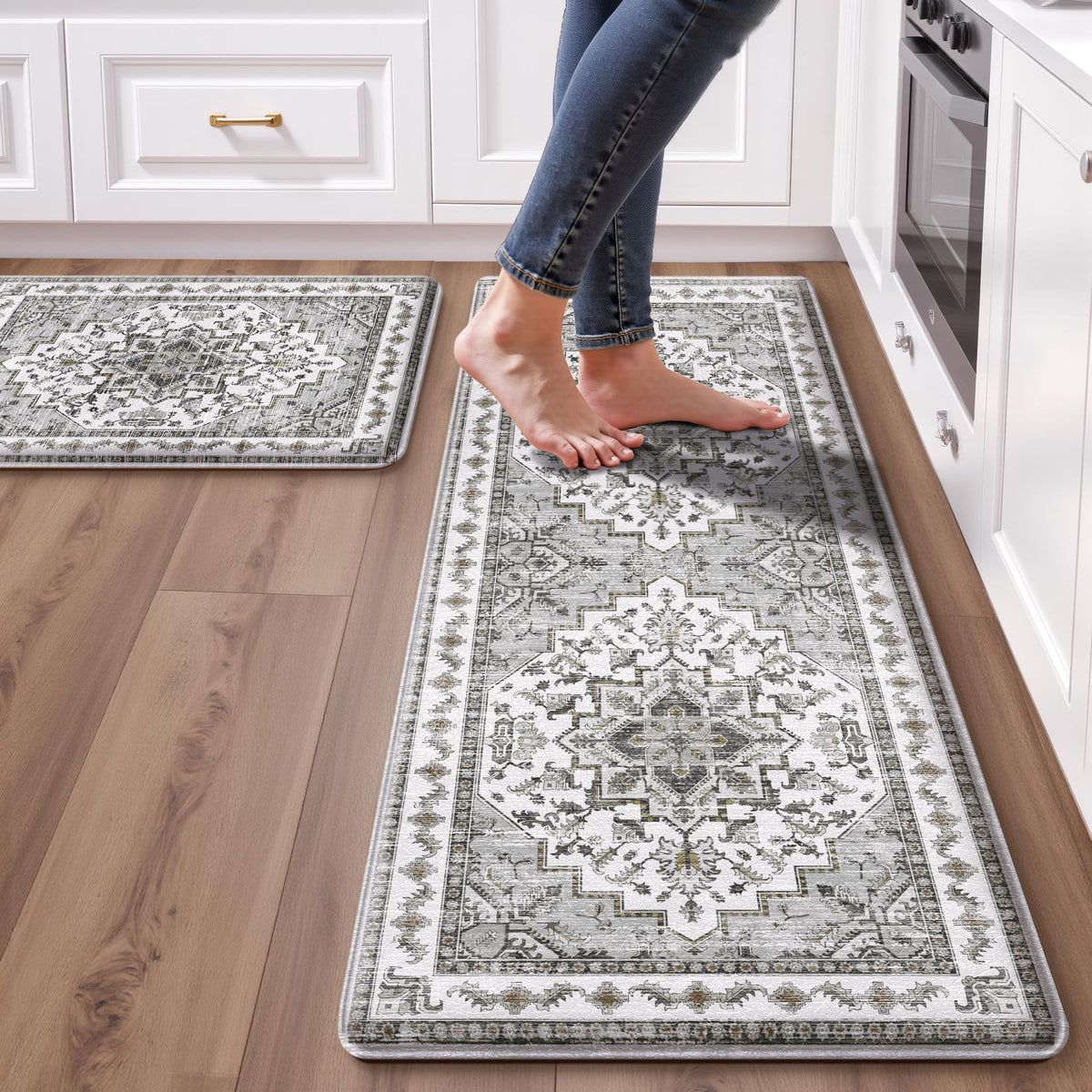 Boho Kitchen Mats for Floor 2PC Anti Fatigue Kitchen Rugs, Beige Tan