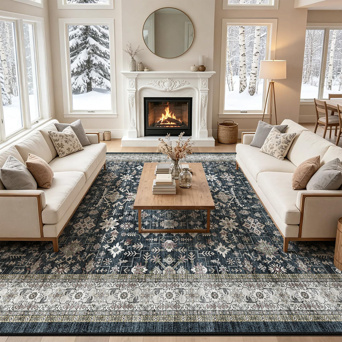 Washable Runner Rug 2x6 Beige Floral, Non Slip for Hallway, Kitchen