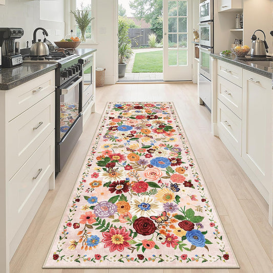 Washable Runner Rug 2x6 Beige Floral, Non Slip for Hallway, Kitchen