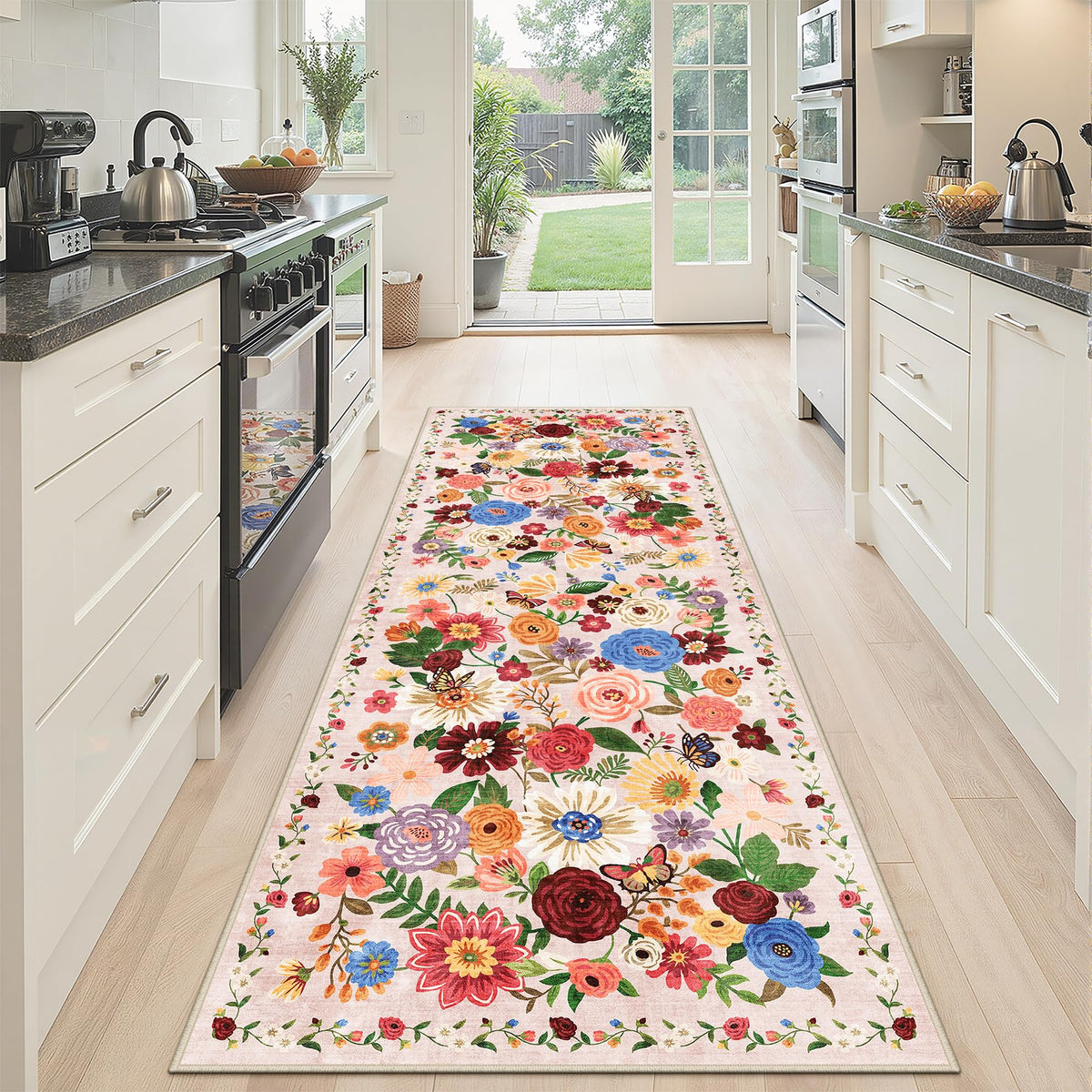 Washable Runner Rug 2x6 Beige Floral, Non Slip for Hallway, Kitchen