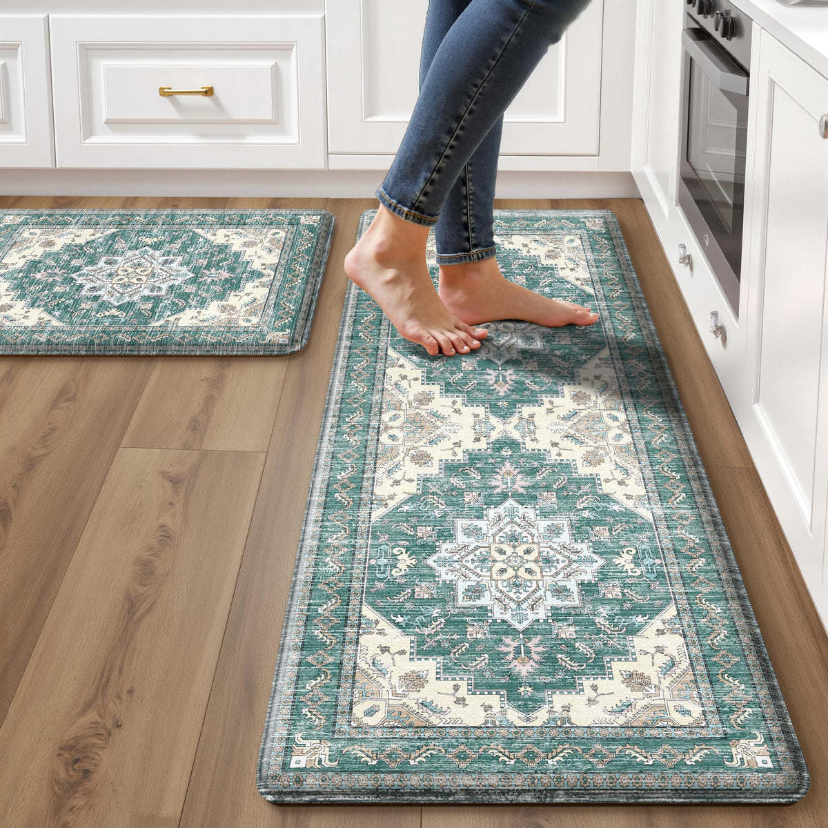 Boho Kitchen Mats for Floor 2PC Anti Fatigue Kitchen Rugs, Beige Tan