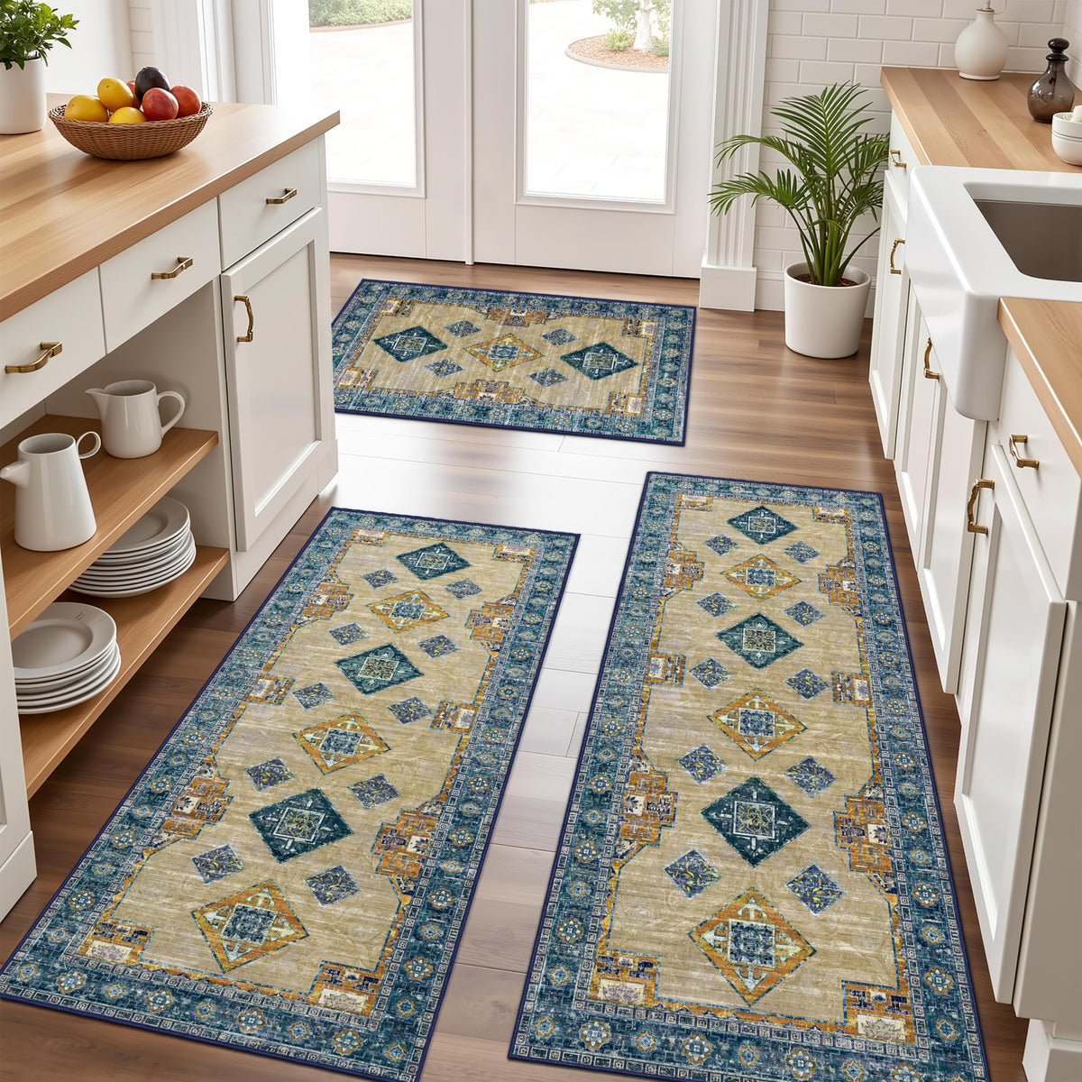 Kitchen Rugs Sets of 3 100% Non Slip Washable Kitchen Mats for Floor, Brown