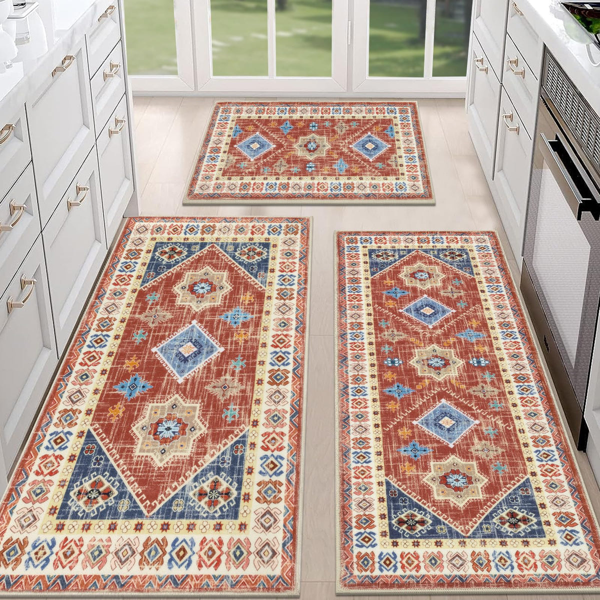 HEBE Boho Kitchen Rugs Set of 3, Non Slip Washable Kitchen Mats for Floor