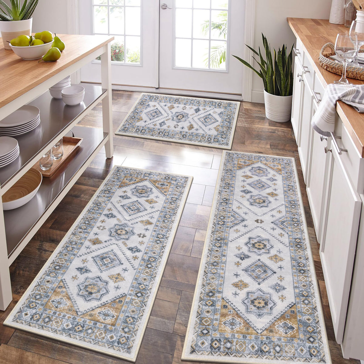 HEBE Boho Kitchen Rugs Set of 3, Non Slip Washable Kitchen Mats for Floor