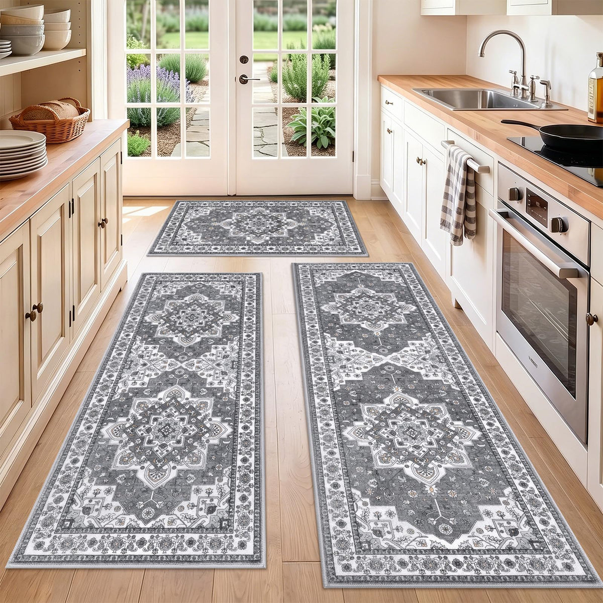 HEBE Boho Kitchen Rugs Set of 3, Non Slip Washable Kitchen Mats for Floor