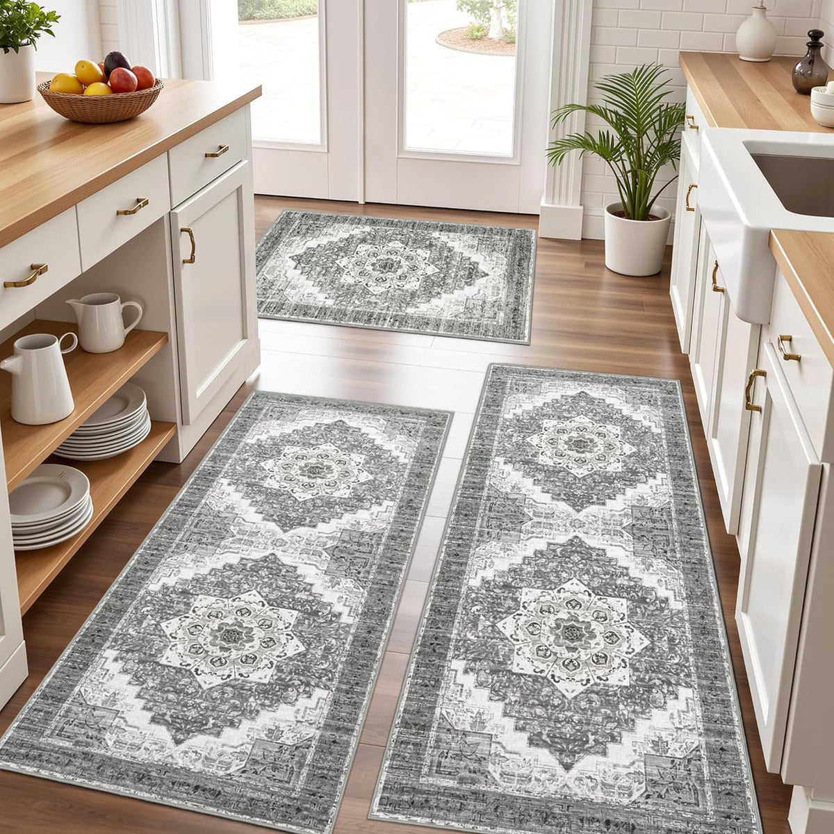 Kitchen Rugs Sets of 3 100% Non Slip Washable Kitchen Mats for Floor, Brown