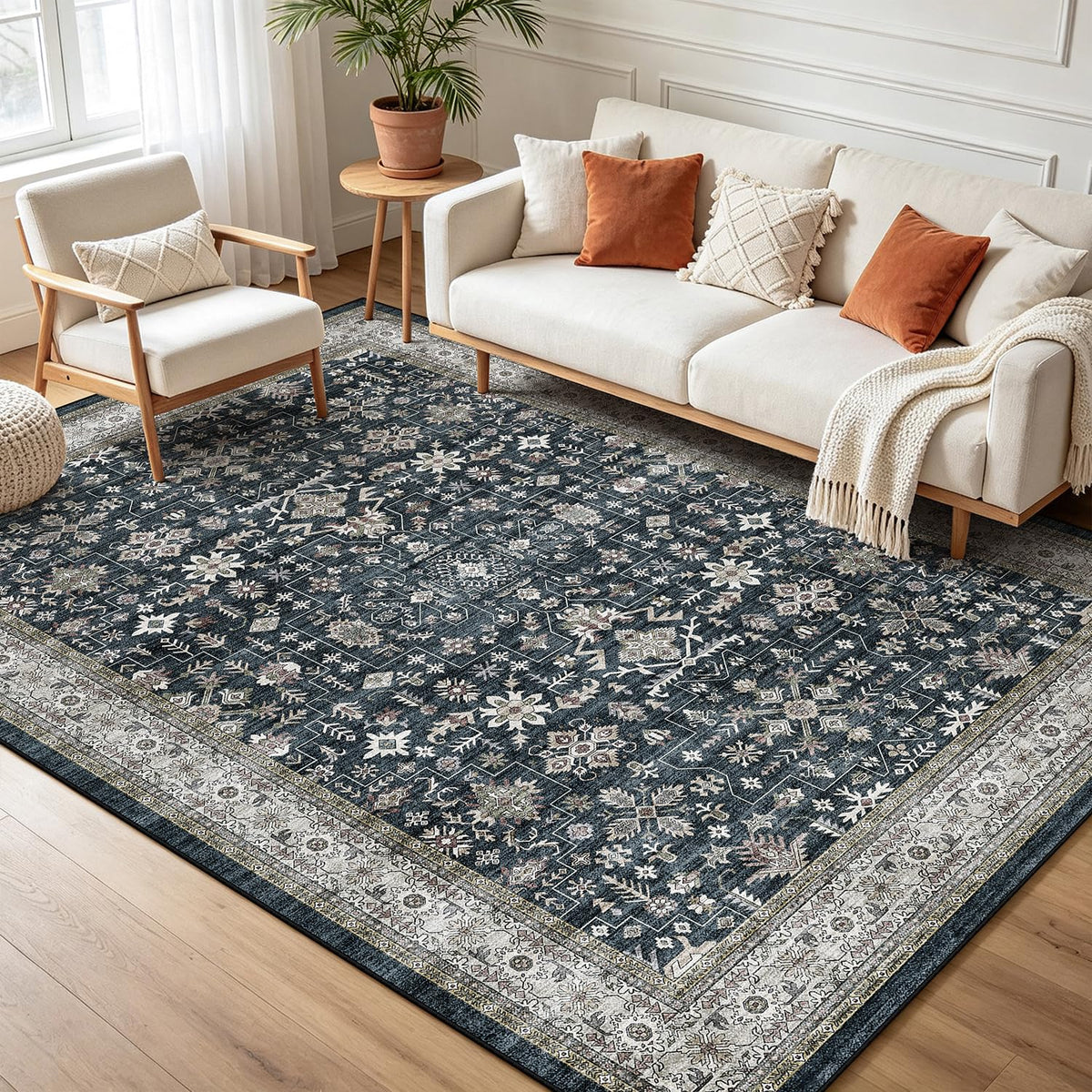 Washable Runner Rug 2x6 Beige Floral, Non Slip for Hallway, Kitchen