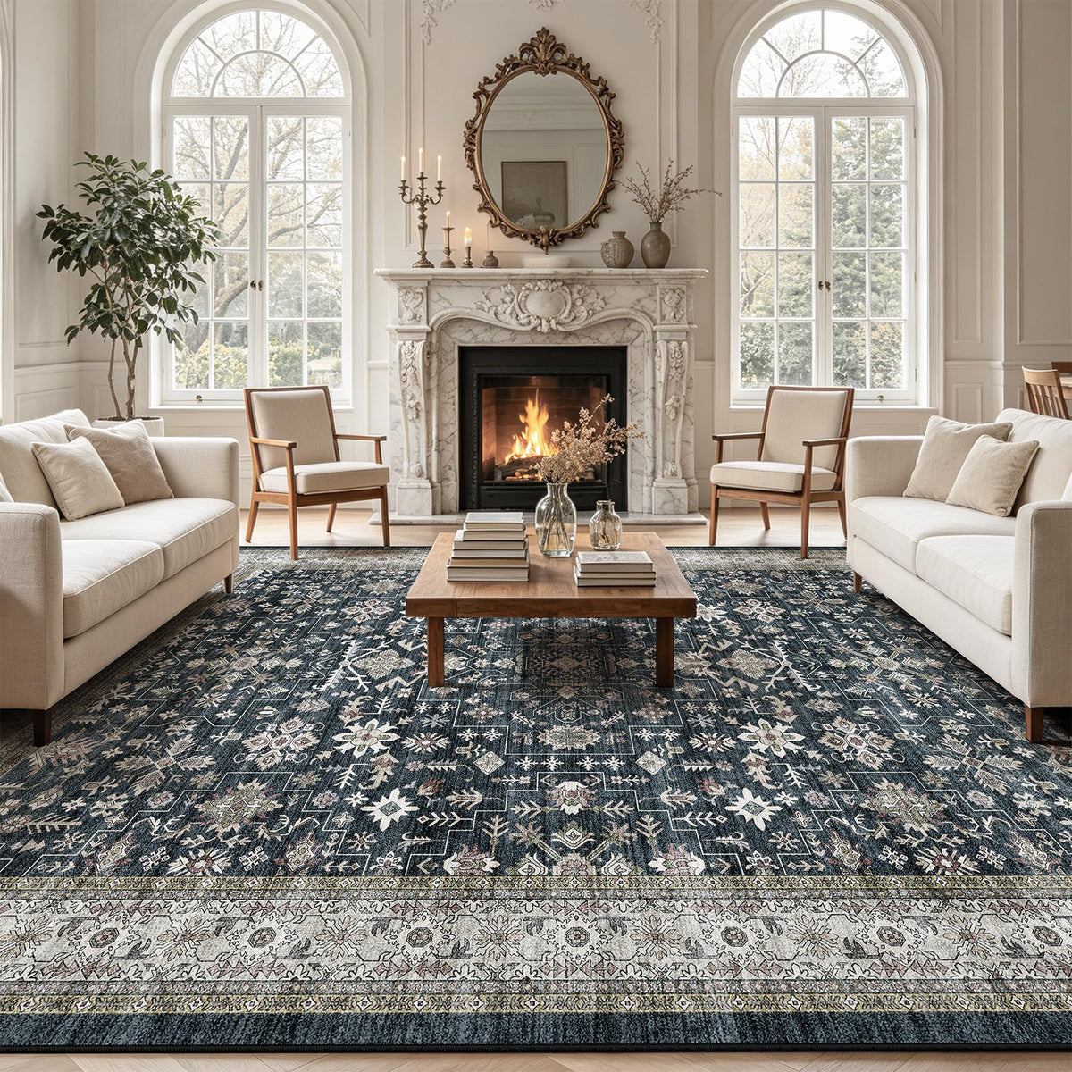 Washable Runner Rug 2x6 Beige Floral, Non Slip for Hallway, Kitchen