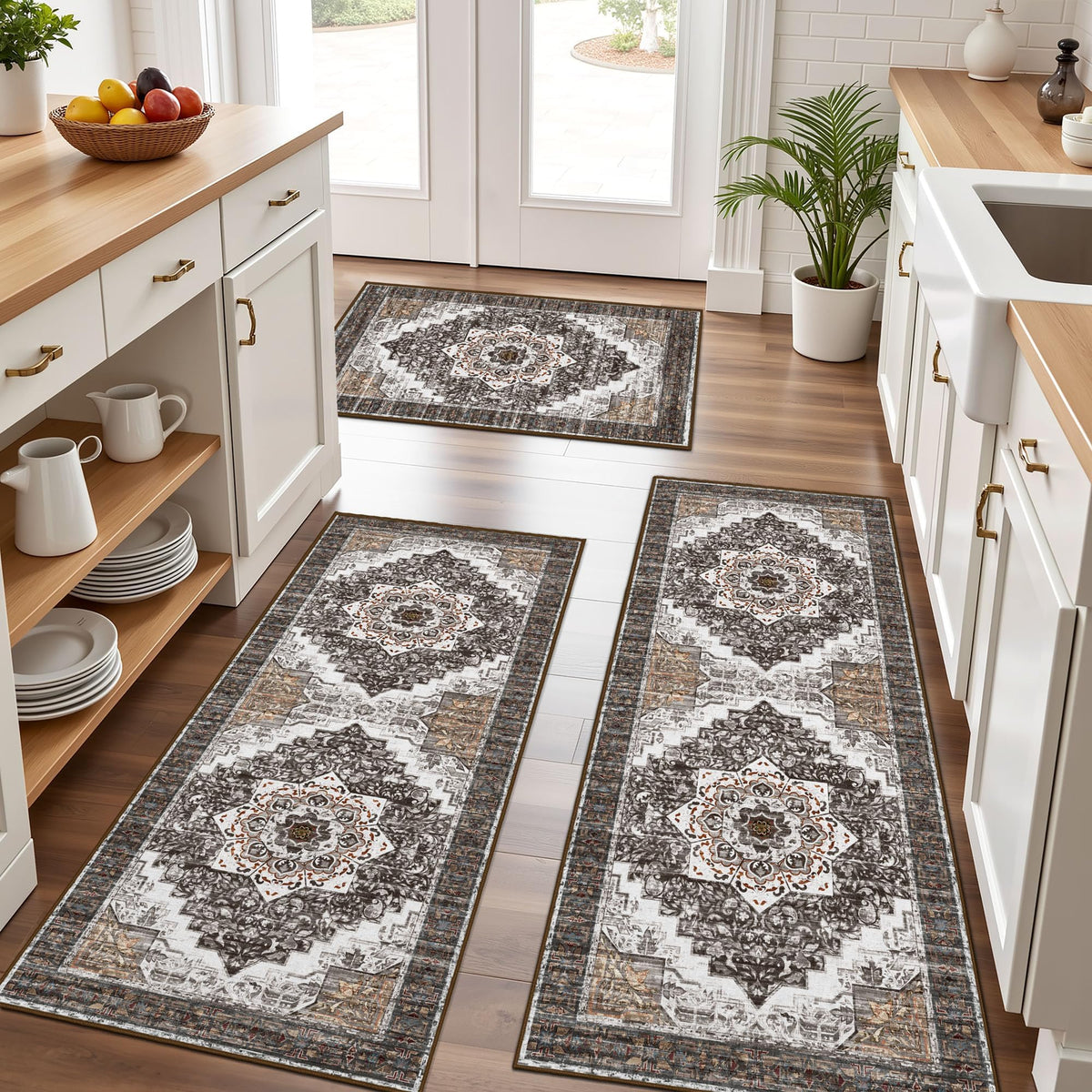 Kitchen Rugs Sets of 3 100% Non Slip Washable Kitchen Mats for Floor, Brown