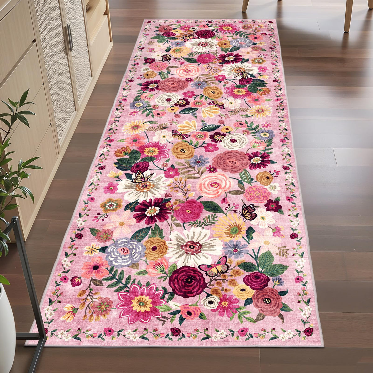 Washable Runner Rug 2x6 Beige Floral, Non Slip for Hallway, Kitchen