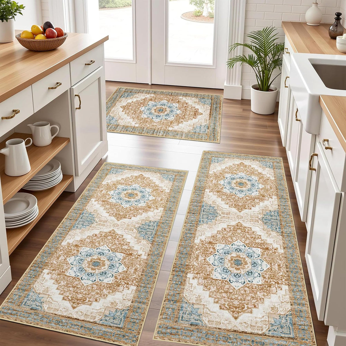 Kitchen Rugs Sets of 3 100% Non Slip Washable Kitchen Mats for Floor, Brown