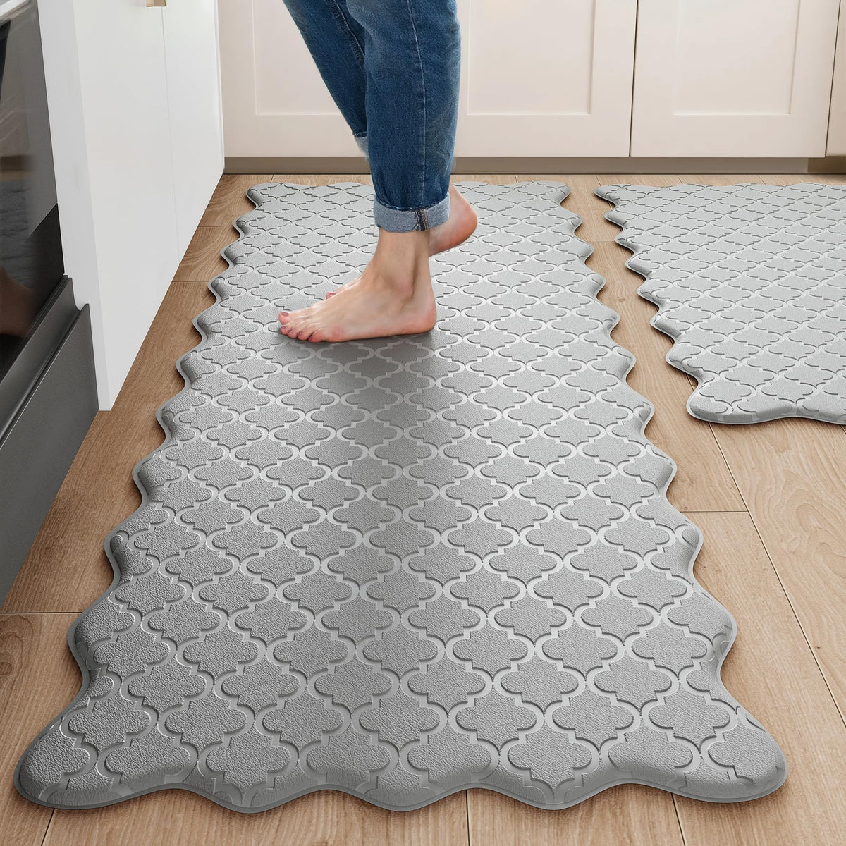 Arenarug Upgrade Scalloped Kitchen Mats for Floor 2PCS, Black Kitchen Rugs