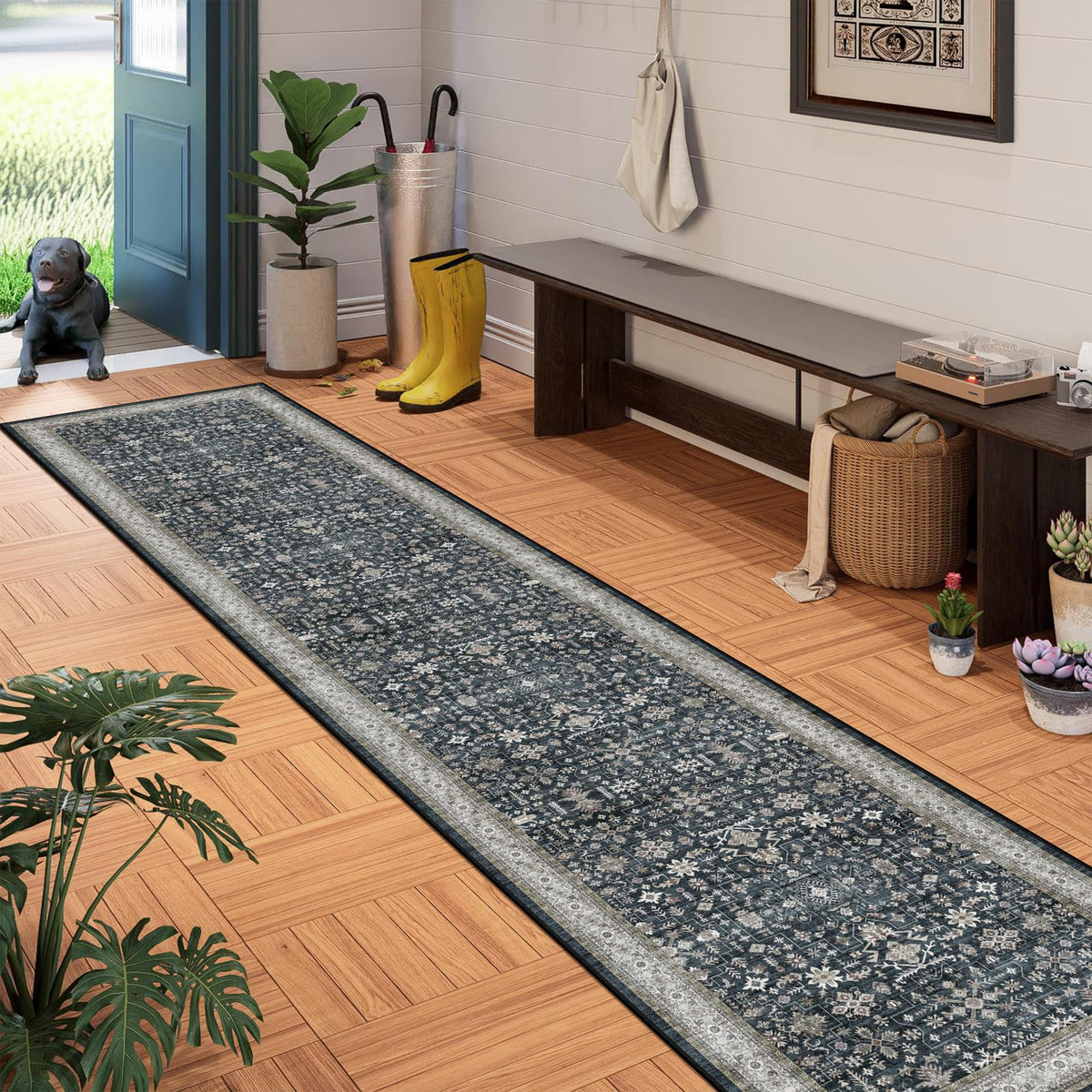 Washable Runner Rug 2x6 Beige Floral, Non Slip for Hallway, Kitchen