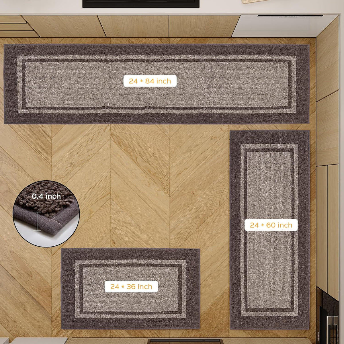 Kitchen Rugs 24" x 36", Non-Slip Kitchen Mats, Beige & Grayish Brown