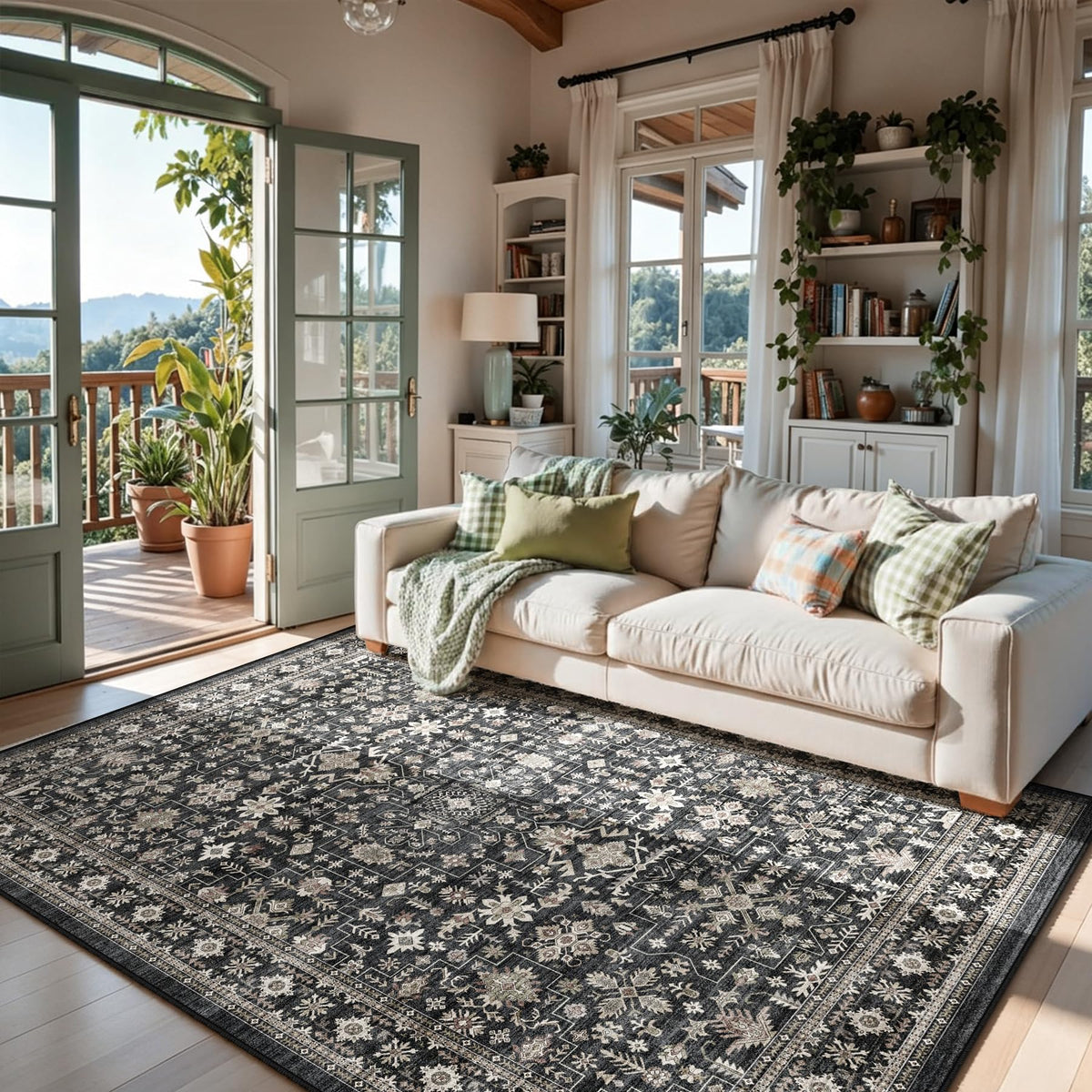 Washable Runner Rug 2x6 Beige Floral, Non Slip for Hallway, Kitchen