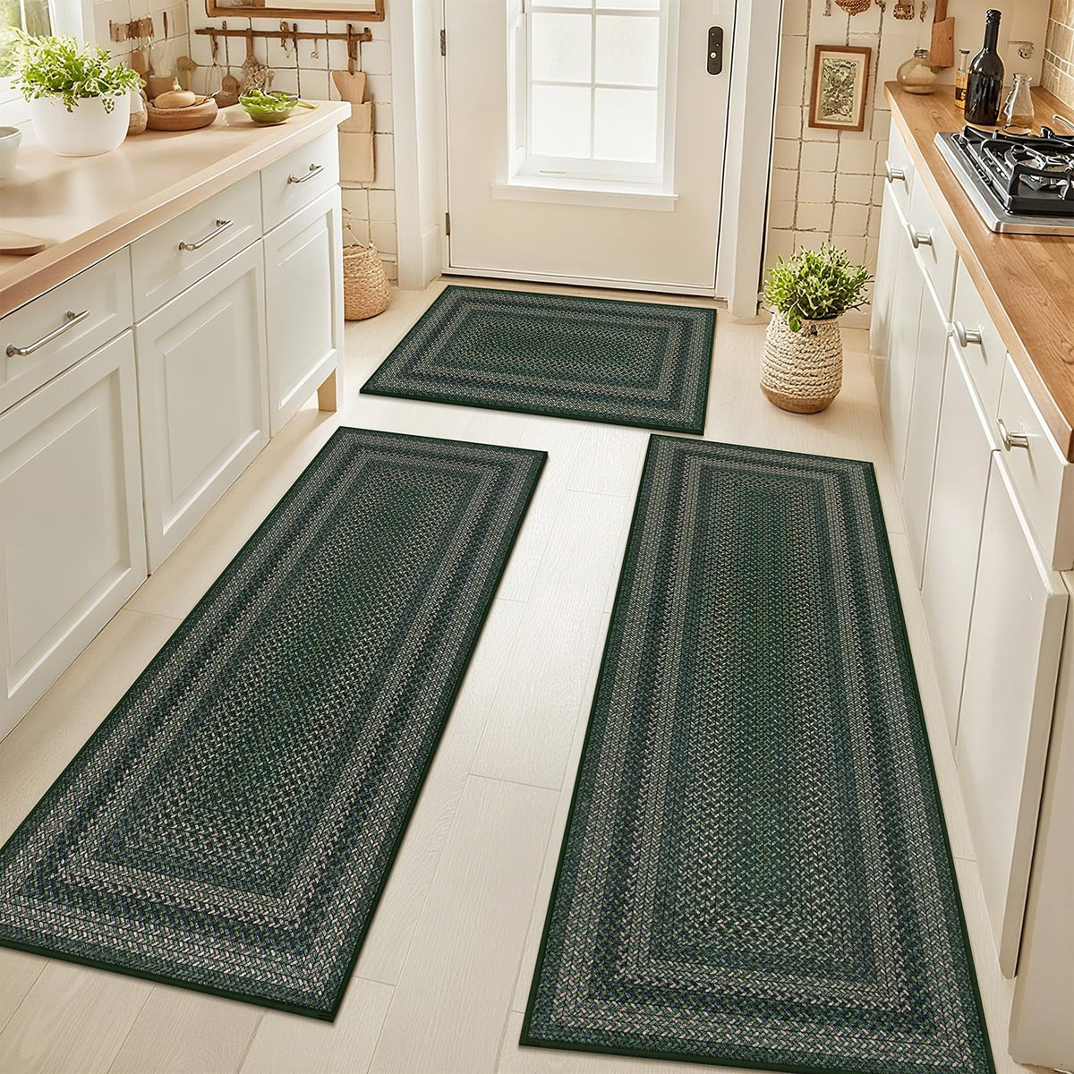 HEBE Faux Jute Kitchen Rugs Set of 3, Washable Kitchen Mats for Floor