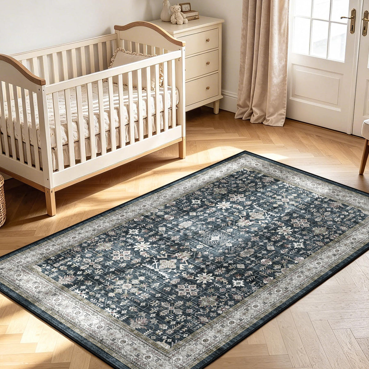 Washable Runner Rug 2x6 Beige Floral, Non Slip for Hallway, Kitchen
