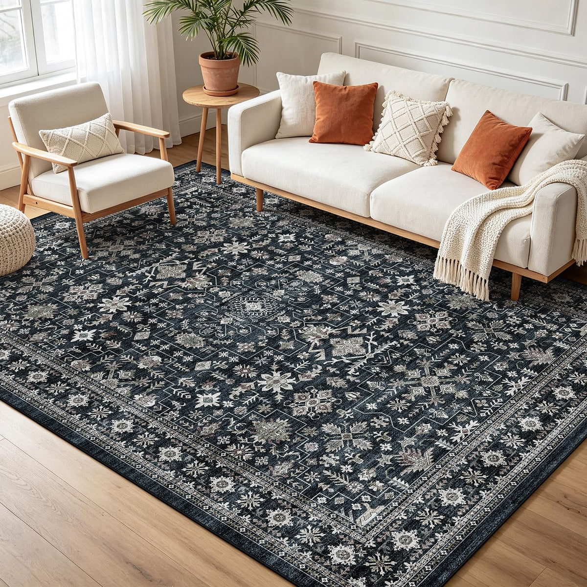 Washable Runner Rug 2x6 Beige Floral, Non Slip for Hallway, Kitchen