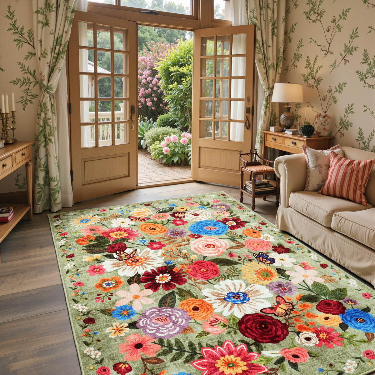 Washable Runner Rug 2x6 Beige Floral, Non Slip for Hallway, Kitchen