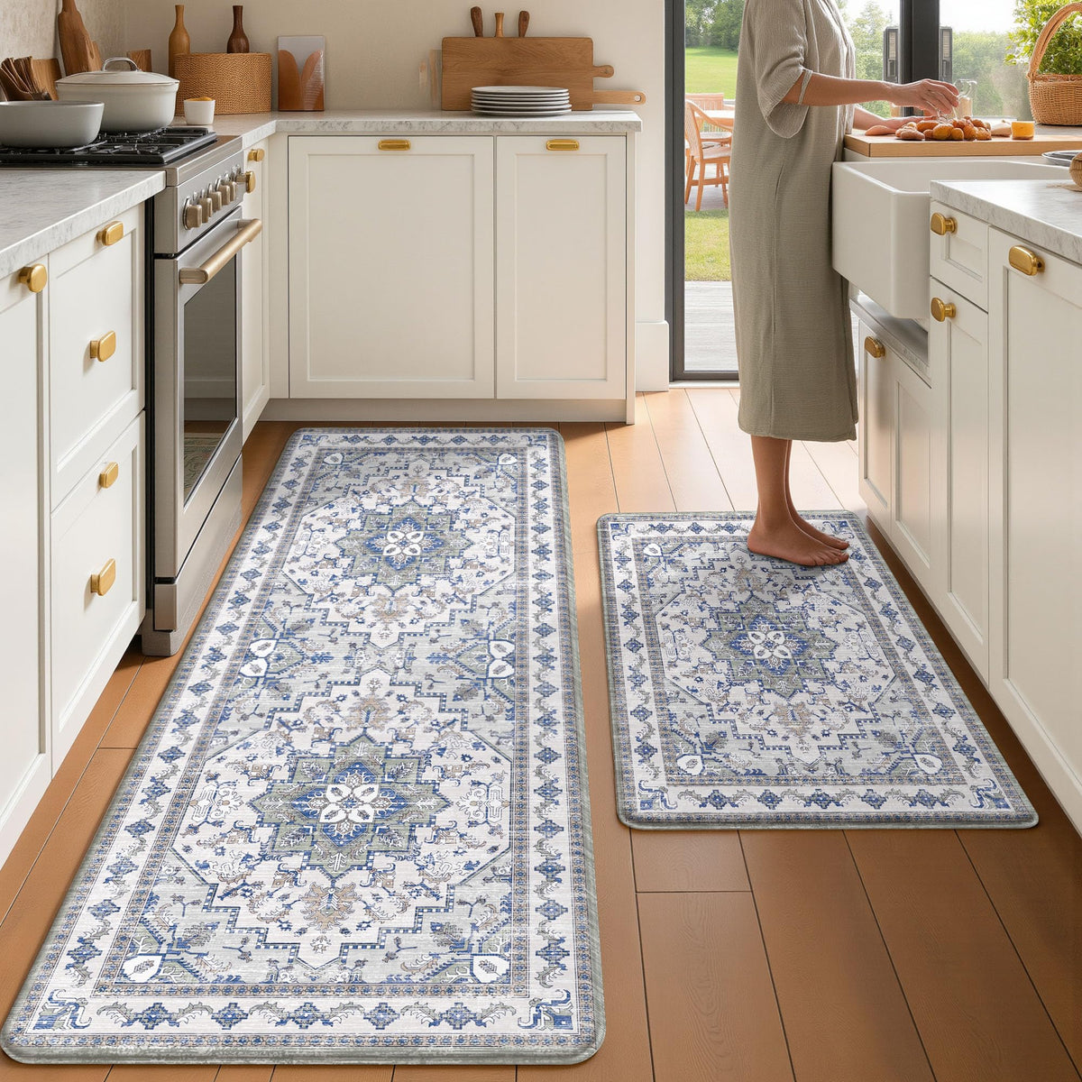 Boho Kitchen Mats for Floor 2PC Anti Fatigue Kitchen Rugs, Beige Tan