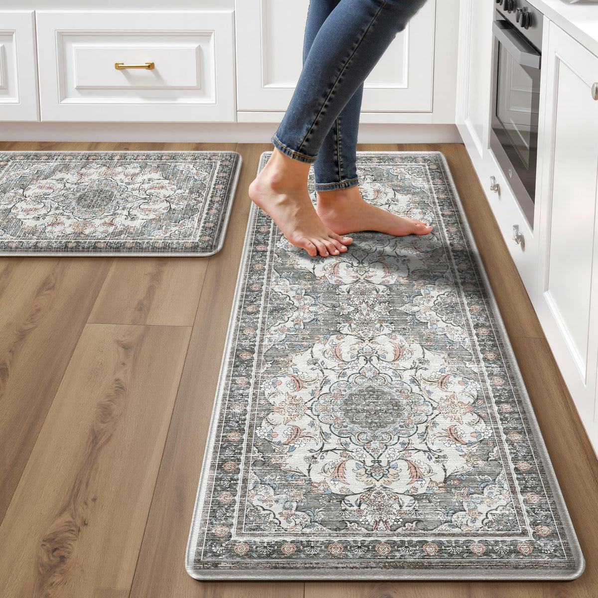Boho Kitchen Mats for Floor 2PC Anti Fatigue Kitchen Rugs, Beige Tan