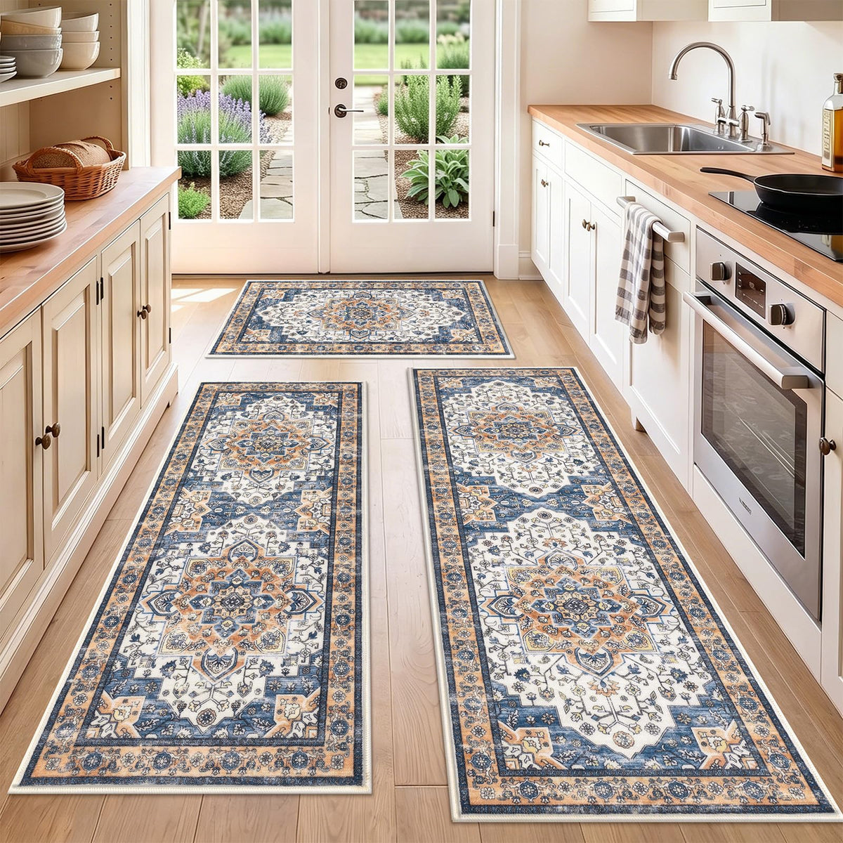 HEBE Boho Kitchen Rugs Set of 3, Non Slip Washable Kitchen Mats for Floor