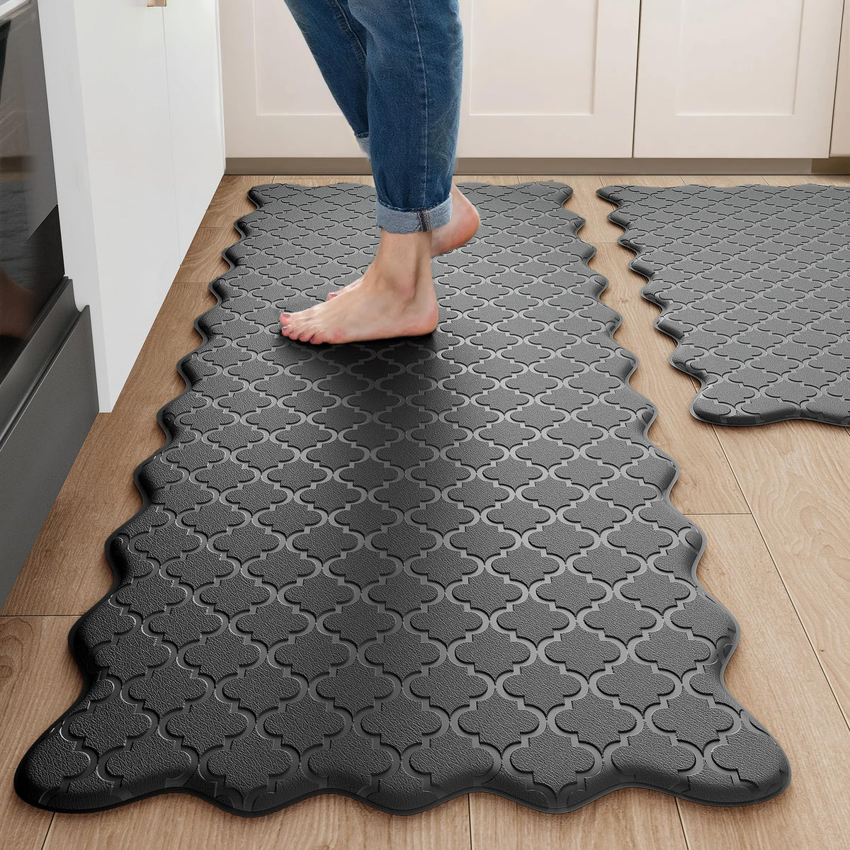 Arenarug Upgrade Scalloped Kitchen Mats for Floor 2PCS, Black Kitchen Rugs