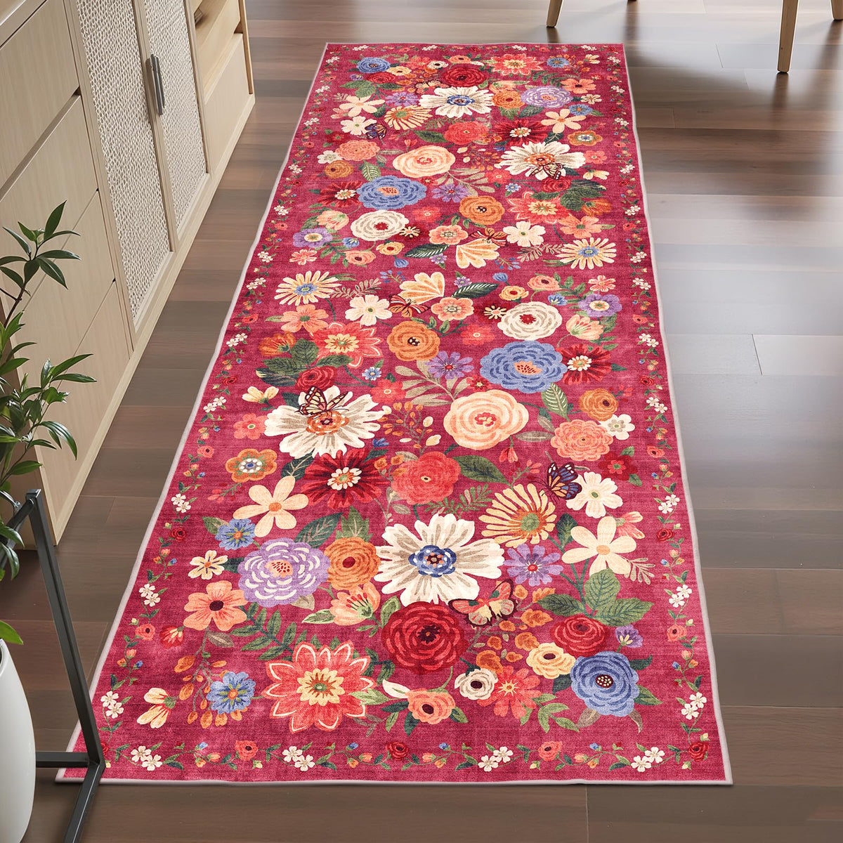 Washable Runner Rug 2x6 Beige Floral, Non Slip for Hallway, Kitchen