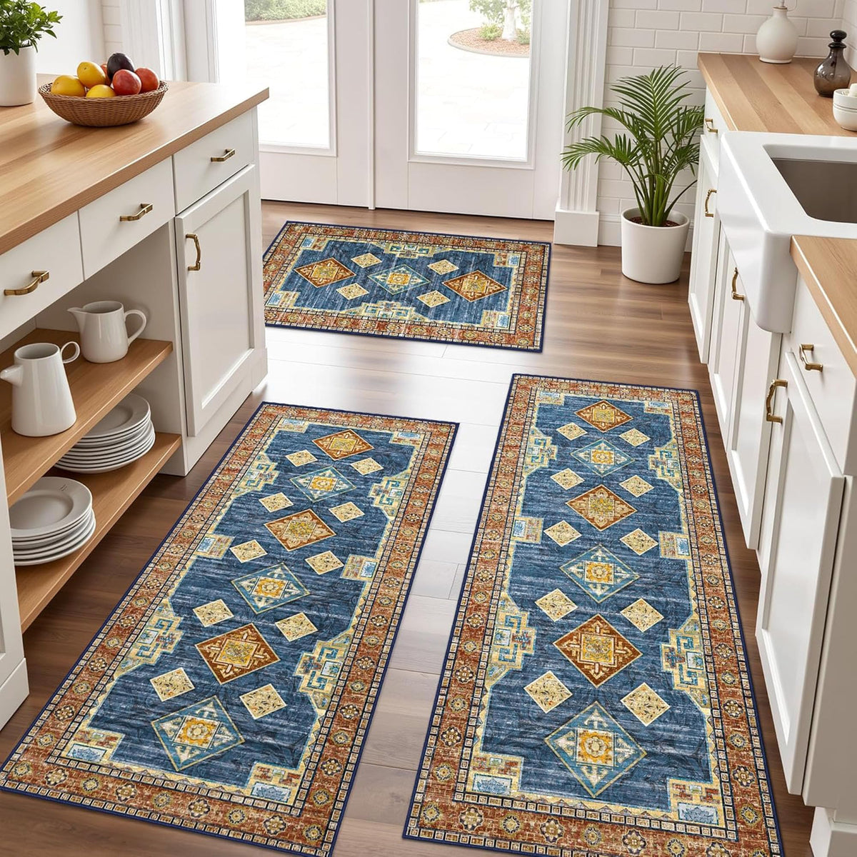 Kitchen Rugs Sets of 3 100% Non Slip Washable Kitchen Mats for Floor, Brown