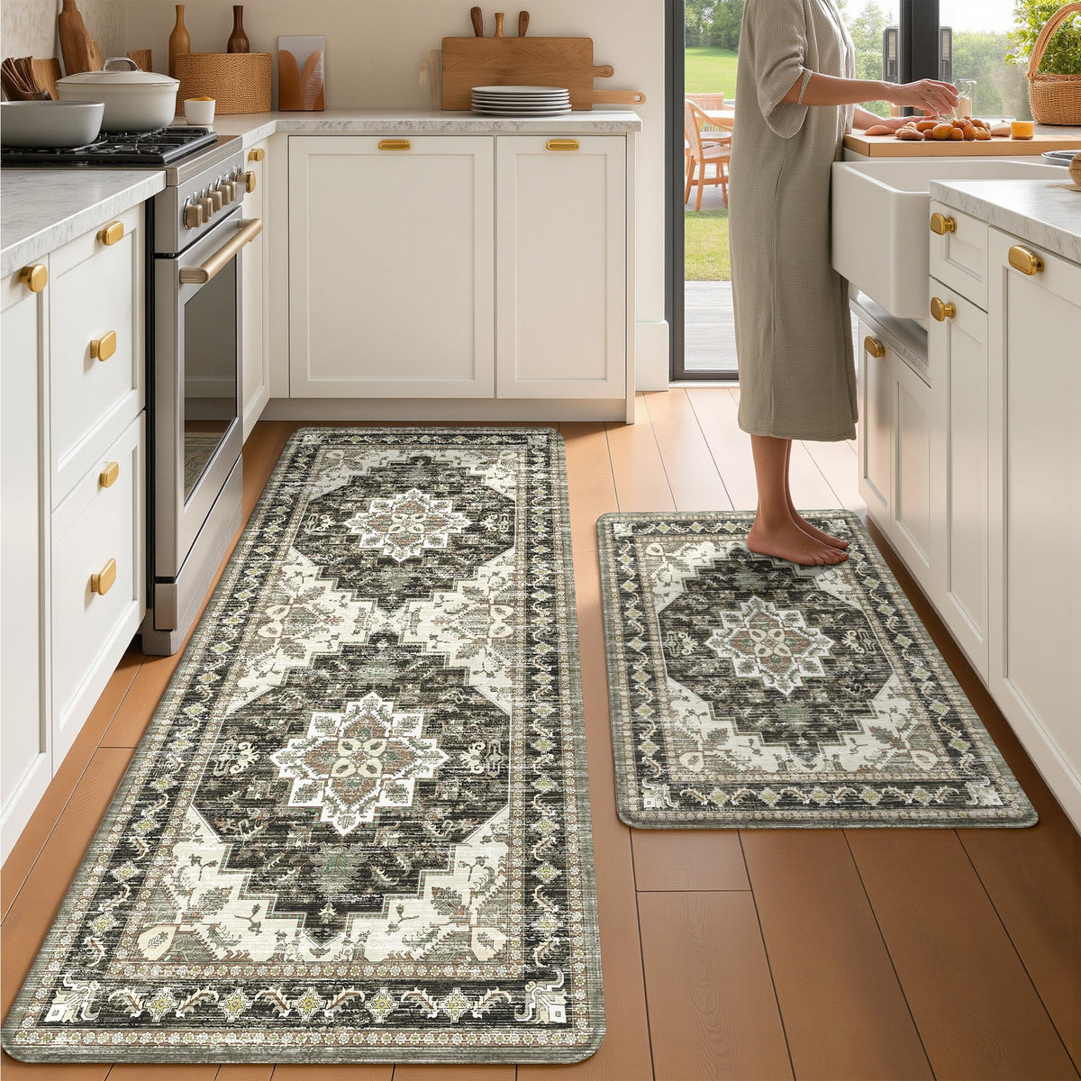 Boho Kitchen Mats for Floor 2PC Anti Fatigue Kitchen Rugs, Beige Tan