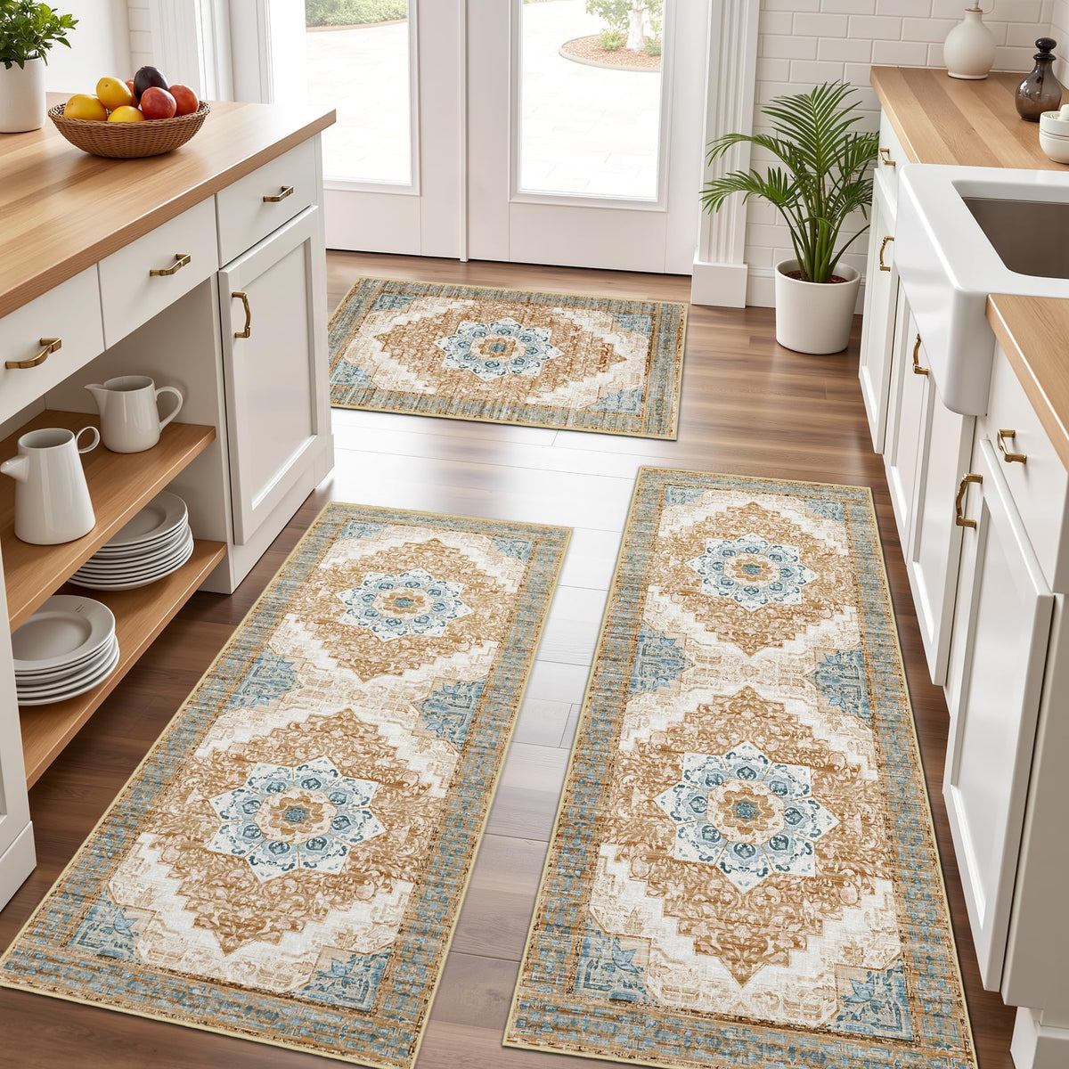Kitchen Rugs Sets of 3 100% Non Slip Washable Kitchen Mats for Floor, Brown