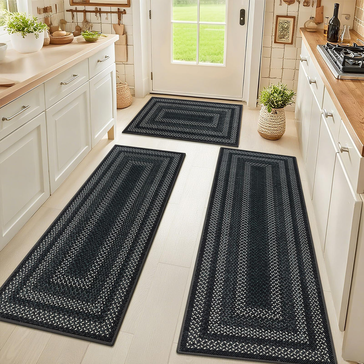 HEBE Faux Jute Kitchen Rugs Set of 3, Washable Kitchen Mats for Floor