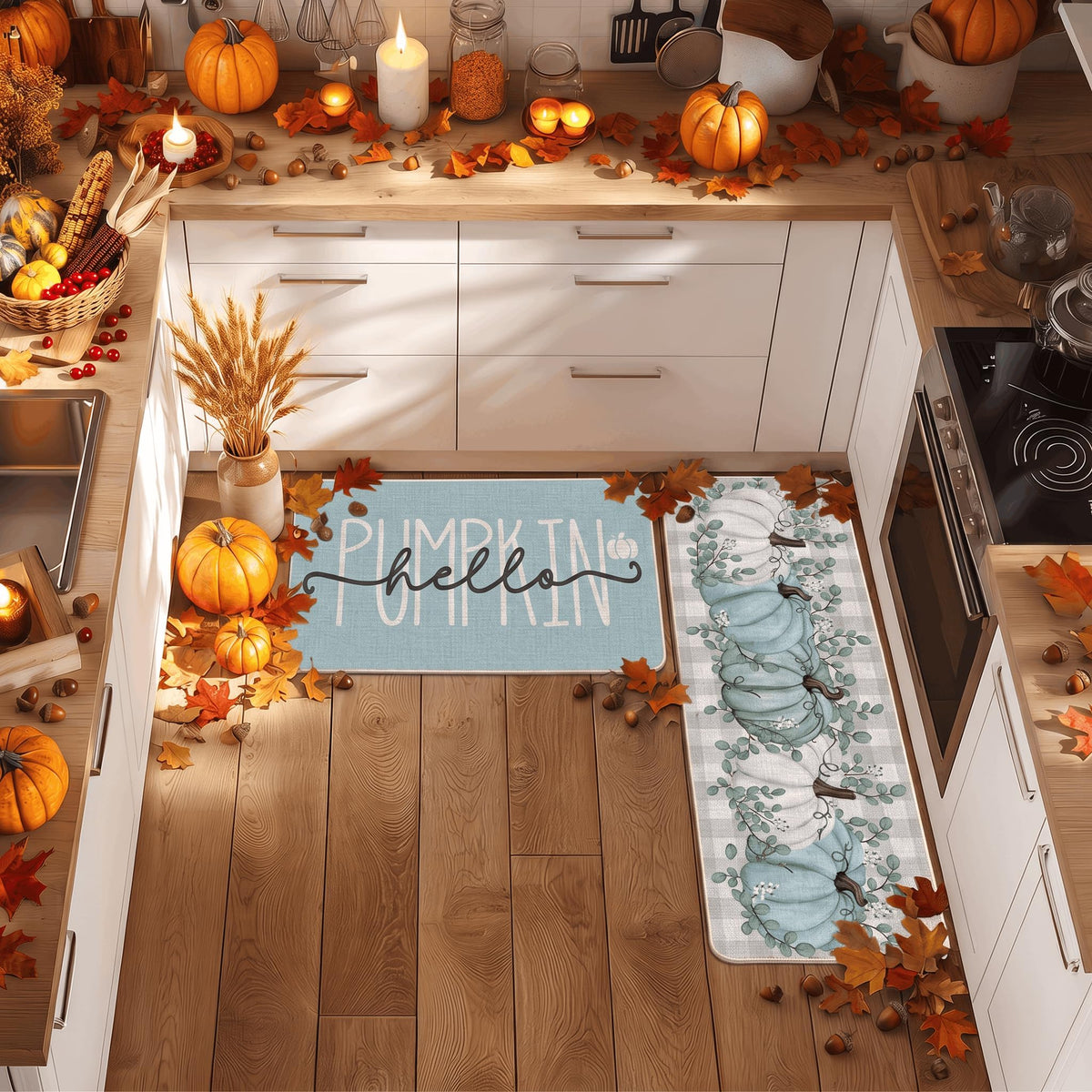 Artoid Mode Orange Hello Pumpkin Fall Kitchen Mats Set of 2-17x29+17x47