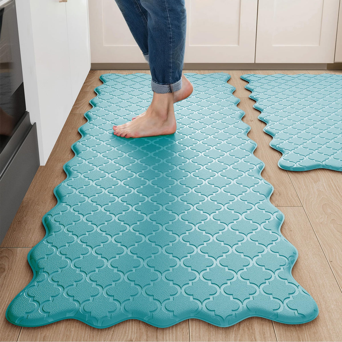 Arenarug Upgrade Scalloped Kitchen Mats for Floor 2PCS, Black Kitchen Rugs