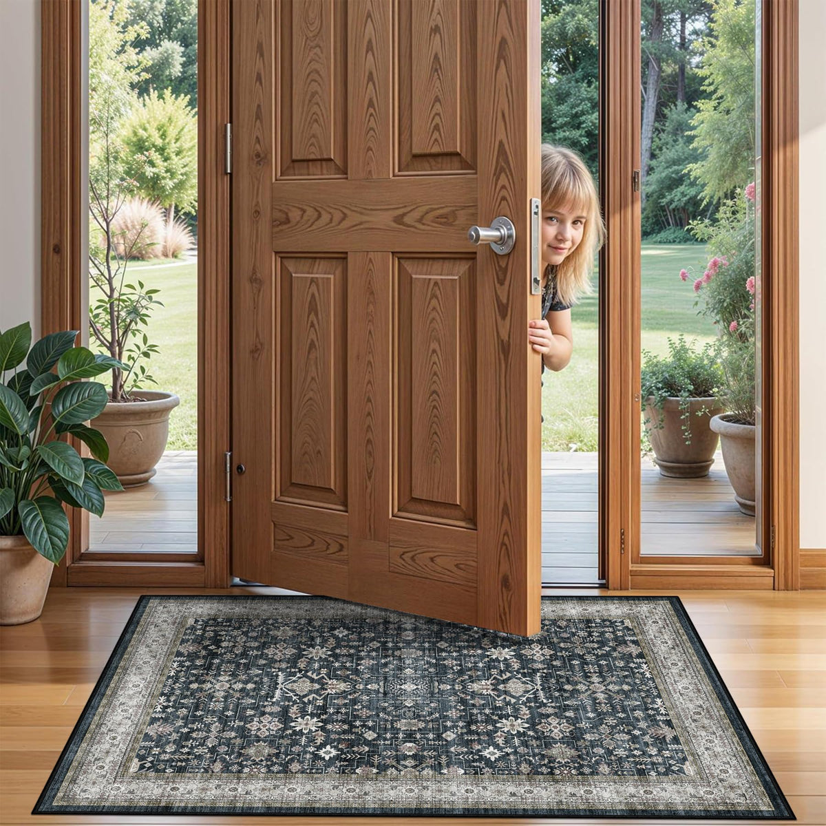 Washable Runner Rug 2x6 Beige Floral, Non Slip for Hallway, Kitchen