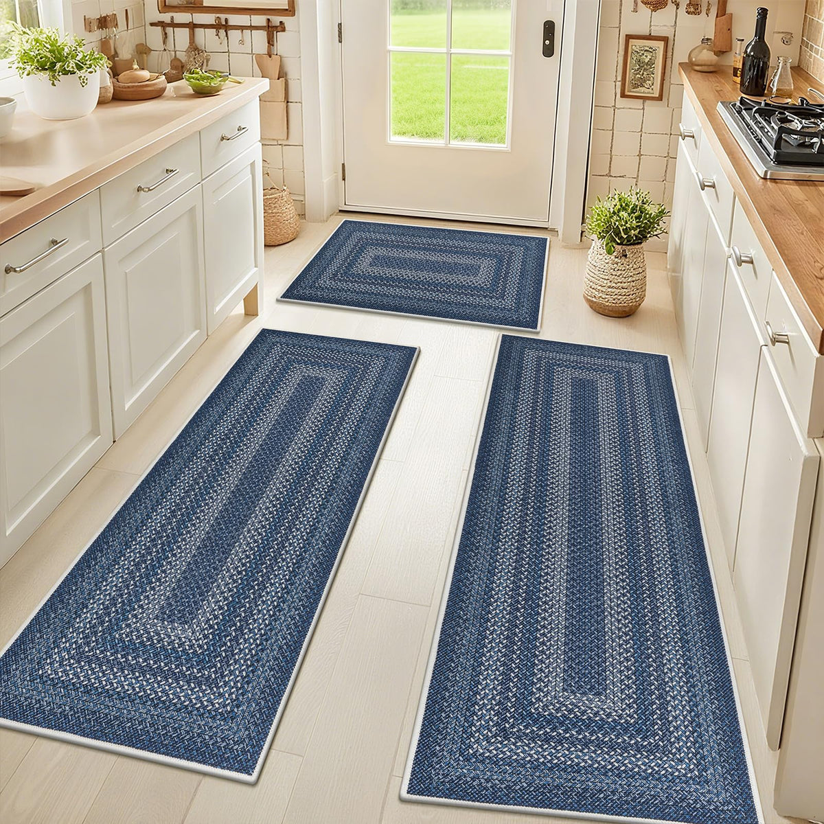 HEBE Faux Jute Kitchen Rugs Set of 3, Washable Kitchen Mats for Floor