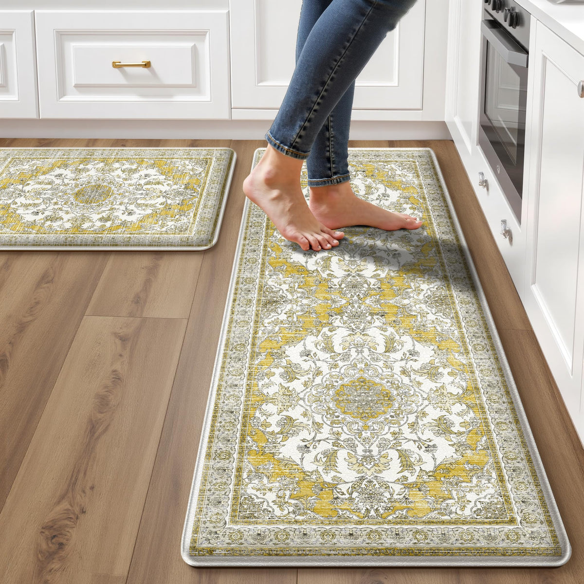 Boho Kitchen Mats for Floor 2PC Anti Fatigue Kitchen Rugs, Beige Tan