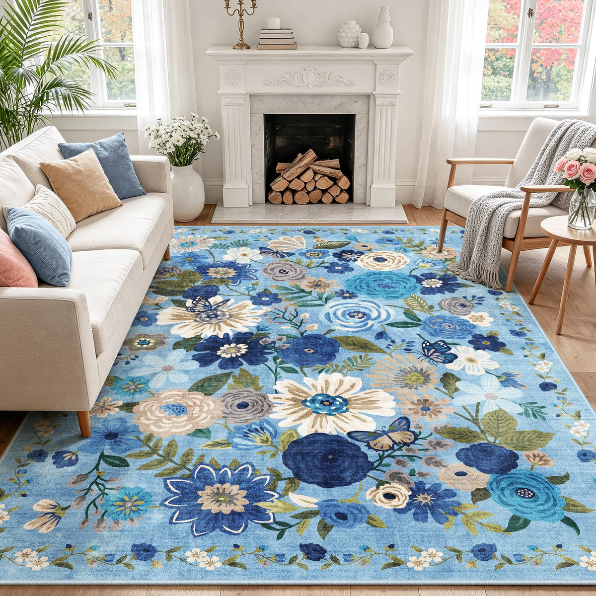 Washable Runner Rug 2x6 Beige Floral, Non Slip for Hallway, Kitchen
