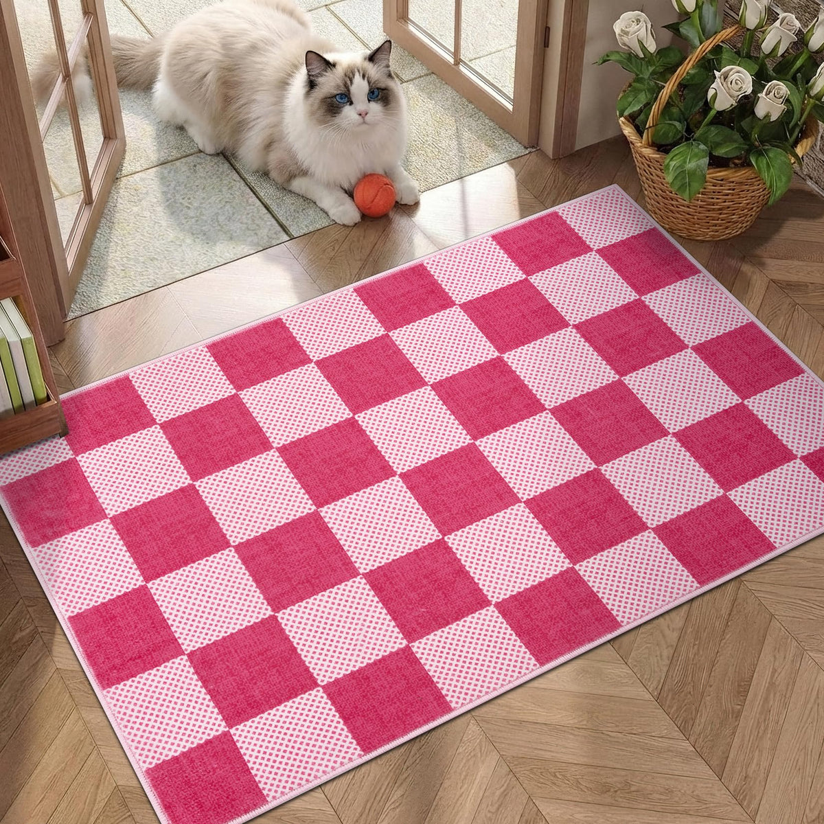 GarveeHome Checkered Pink 2x6 Washable Kitchen Runner Rug Low-Pile Entryway